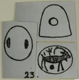 Drawings of three seal designs on paper cards: an oval with two marks, a dome shape with a ring, and an animal in an oval.