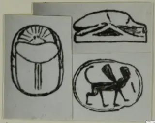 Drawings of three seals: an upright scarab, a low recumbent animal shape and a standing creature on an oval seal
