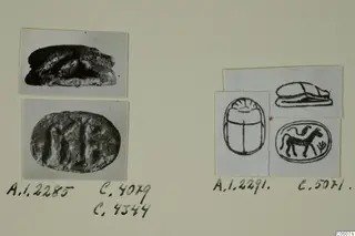 Photographs and drawings of scarabs and engraved gems mounted on an album page