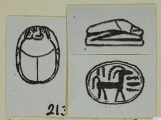Line drawings of a scarab and two seals from Ayia Irini, with a partly visible number label