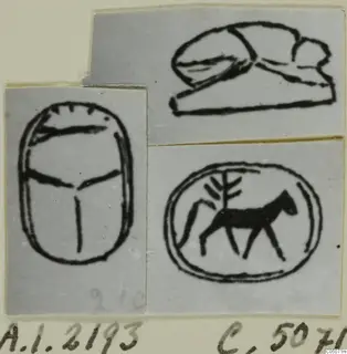 Ink drawings of a scarab and two seal faces: a walking animal beside a branching tree, and a recumbent animal.