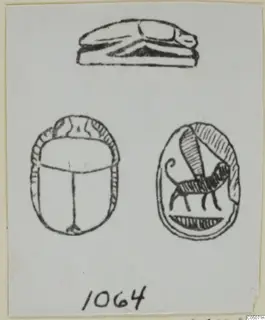 Drawing of seal objects from Ayia Irini: a scarab, an oval seal engraved with an animal, and a recumbent animal seal