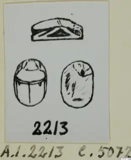 Ink drawing of a scarab seal from Ayia Irini, showing its domed back and flat base with a sketched design