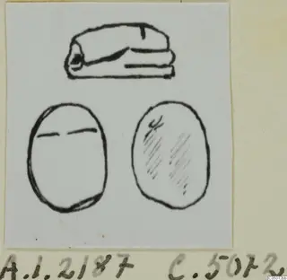 Ink drawing of three small finds from Ayia Irini: one elongated piece and two oval objects