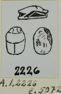 Ink drawing of a scarab seal from Ayia Irini, showing its back, its engraved base and a side profile of a flat object above