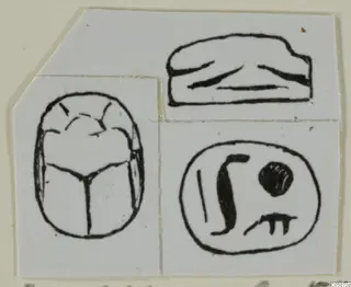 Drawing of a scarab seal from Ayia Irini, showing the beetle back, the flat base and the engraved seal face in ink.