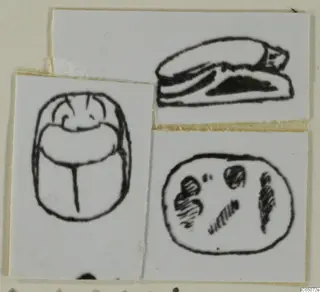 Line drawing of a scarab seal and a seal impression, with a side view of a recumbent figure, on paper cards.