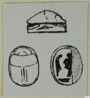 Drawing of a scarab seal in three views, its flat base showing two figures in profile