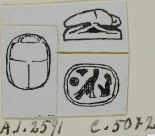 Drawings of a scarab seal from Ayia Irini: back view, base view and engraved seal face, mounted on a card