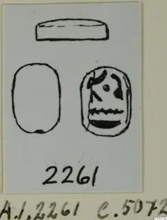 Drawing of a scarab seal in three views: flat top, plain base and engraved base, on a card with a number label