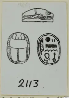 Drawing of a scarab seal from Ayia Irini, showing its side profile, back and flat base