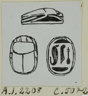 Drawing of a scarab seal from Ayia Irini, shown from the side, from the back and with its flat base