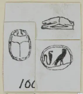 Sketches of a scarab beetle, a recumbent animal form and an oval seal with a bird figure