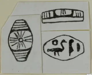 Drawing of three seals from Ayia Irini: a scarab-shaped seal with radiating lines, a long seal, and an oval seal with a bird