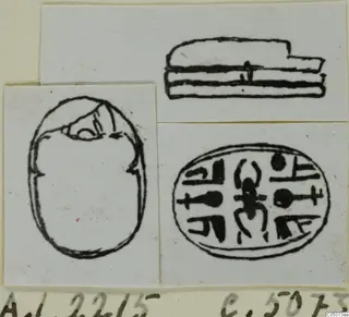 Ink drawing of a scarab from Ayia Irini, showing its back, side profile and carved base