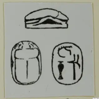 Line drawing of a scarab seal, an oval seal face with incised signs, and a side view of a seal
