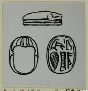 Ink drawing of a scarab seal in three views, with engraved signs on its flat base; Ayia Irini