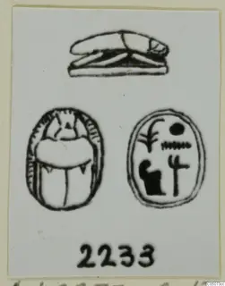 Drawing of a scarab seal from Ayia Irini, showing the back and the incised base in three views