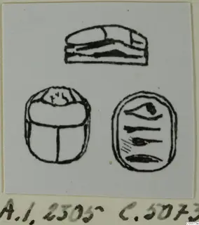 Black line drawing of a scarab from three views: side profile, back of the beetle and the engraved flat base.