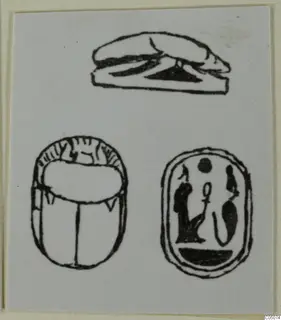 Drawing of three seal-type objects: a low recumbent animal in side view, a scarab from above, and an oval seal face with figures.