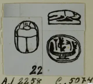 Line drawings of three seals: a scarab seen from above, a recumbent animal, and an oval seal with signs
