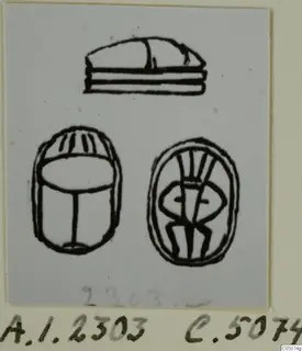 Ink drawing of a scarab seal in three views: side profile, back of the beetle and the engraved base, on a mounted card