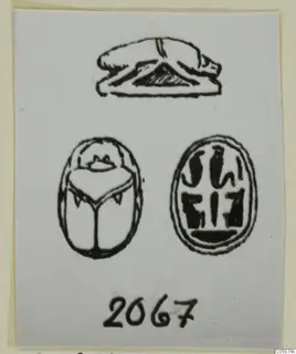 Drawing of three seal objects: a recumbent animal, a scarab seen from below, and an oval seal face with signs