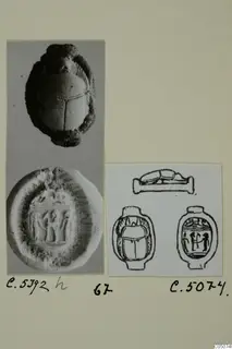 Photographs and line drawings of two beetle-shaped seals, one with a carved base showing small figures.
