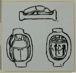 Ink drawing of a scarab-shaped seal in three views, with two standing figures engraved on its flat base