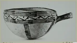 White Slip Ware bowl with a side handle and painted bands and zigzags, from Enkomi