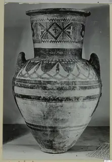 Pottery Bichrome IV, amphora-crater: a large two-handled vessel with painted bands and geometric motifs on the neck and shoulder