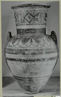 Large painted pottery amphora-crater with two handles, banded and geometric decoration on the body and neck.