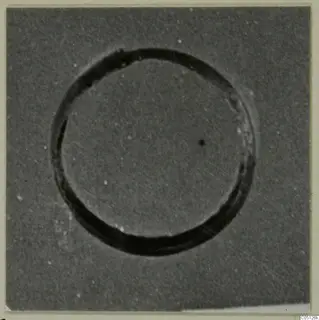 Gold ring photographed against a plain grey background, shown as a dark circular band