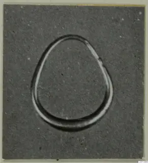 Teardrop-shaped gold loop, a find from the Kastros tombs at Lapithos, photographed on a grey ground