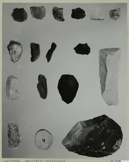 Stone tools and flakes arranged in rows on a plain grey background, with a round perforated disc near the bottom.