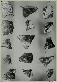Grid of painted pottery sherds with dark geometric patterns on a light ground