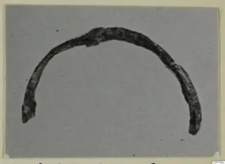 Bronze personal adornment, a curved arc-shaped object, photographed on a grey card.