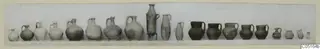 Row of about twenty pottery jugs and jars from Kountoura Trachonia, Tomb 8, set side by side on a pale surface