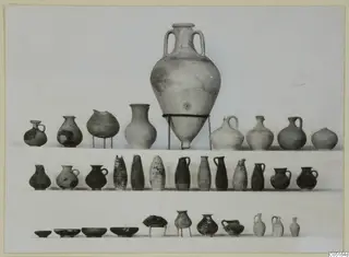 Group of pottery vessels from Kountoura Trachonia, Tomb 10, arranged in three rows against a pale background