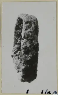 Corroded bronze object, elongated with a split down one side, shown upright on a pale background