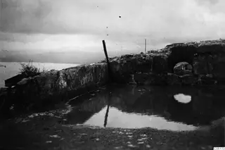 Ruined stone wall at Vouni Palace beside a pool of water, with a shrub at left and the sea beyond.