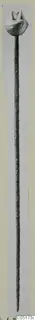 Long bronze pin with a corroded rounded head, photographed upright on a pale card mount