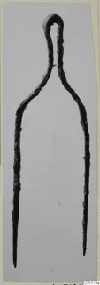 Bronze tweezers with a looped top and two long tapering arms, shown against a pale grey background.