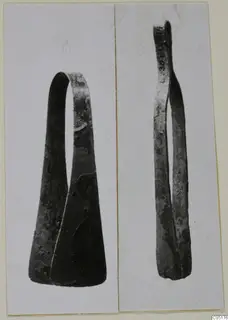 Two bronze tweezers from Lapithos, shown in separate photographs side by side on a card mount