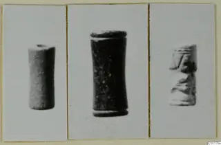 Three photographs of small cylindrical glyptic objects mounted on a card, Ayios Iakovos series