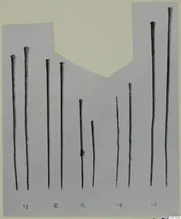 Ten long, thin metal tools with knobbed heads, laid side by side in a row.