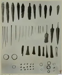 Bronze tools, pins, blades and rings from Lapithos Tomb 320, laid out in rows on a pale background