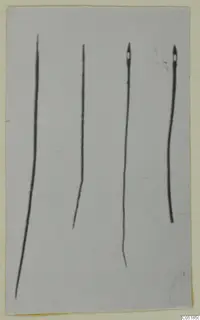 Four long, thin metal pins from Lapithos Tomb 320 shown flat on a pale grey background