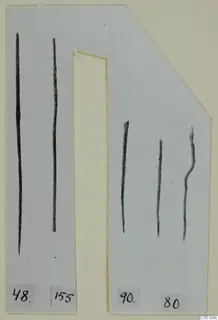 Five thin dark metal rods on a grey mounting card with number labels, bronze tools from Lapithos