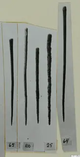 Five long, thin metal rods with tapering ends, each on its own grey strip, from Lapithos Tomb 313B